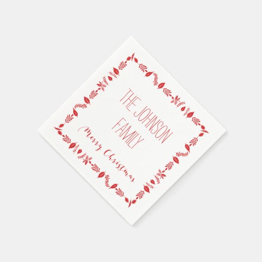 Witte Kerst Papier servetten met rode bladeren (Hoek)