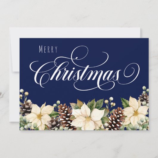 Witte kerst Poinsettia blauw Feestdagenkaart (Voorkant)