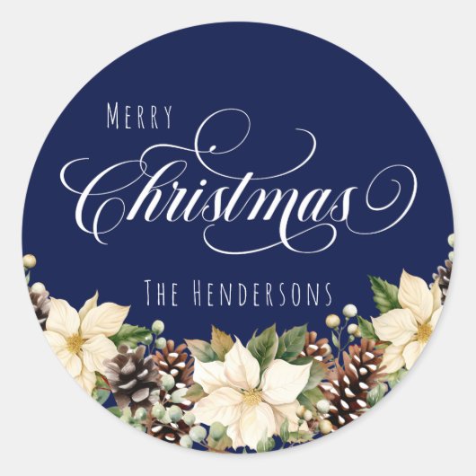Witte kerst Poinsettia blauw Ronde Sticker (Voorkant)
