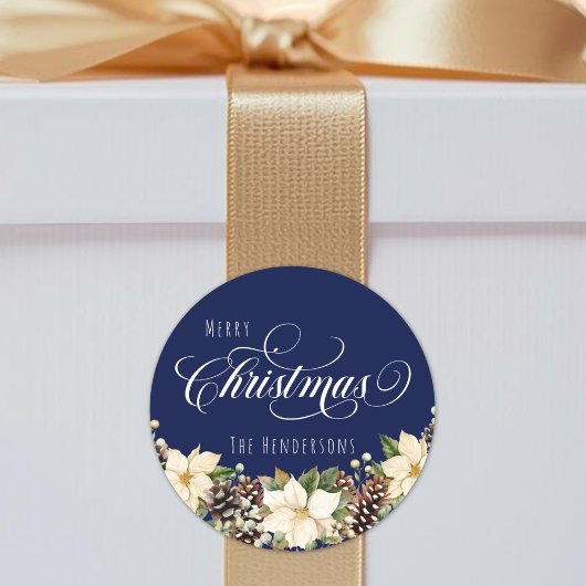 Witte kerst Poinsettia blauw Ronde Sticker