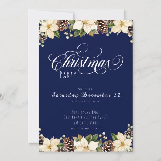 Witte Kerst Poinsettia Blauwe Partij Kaart (Voorkant)