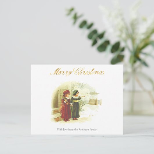  witte kerst scène met twee zussen briefkaart (Staand voorkant)