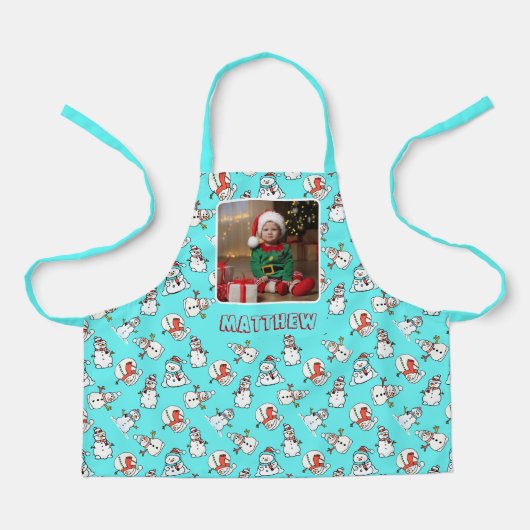 Witte Kerst Sneeuwman Kinder Foto Aqua Schort (Voorkant)