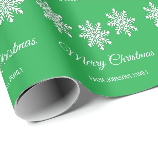 Witte kerst sneeuwvlokken Vrolijk kerstgroen Cadeaupapier (Rol Hoek)