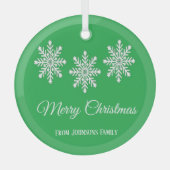 Witte kerst sneeuwvlokken Vrolijk kerstgroen Glas Ornament (Voorkant)
