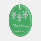 Witte kerst sneeuwvlokken Vrolijk kerstgroen Glas Ornament (Voorkant links)