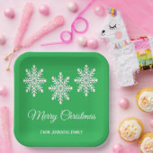Witte kerst sneeuwvlokken Vrolijk kerstgroen Papieren Bordje (Feest)