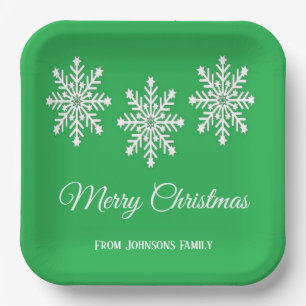 Witte kerst sneeuwvlokken Vrolijk kerstgroen Papieren Bordje