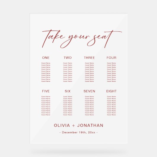 Witte Kerst Trouwen Zitting Grafiek 8 Tafels Acryl Bord (Voorkant)