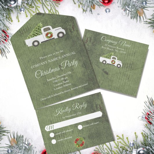 Witte Kerst Vrachtwagen Groene Hout Bedrijf Partij All In One Uitnodiging