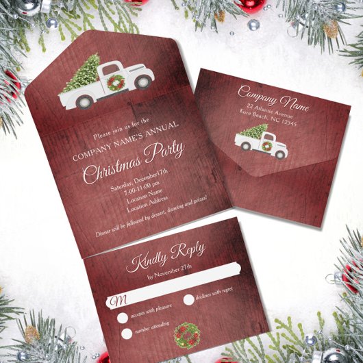 Witte Kerst Vrachtwagen Rood Hout Company Party All In One Uitnodiging