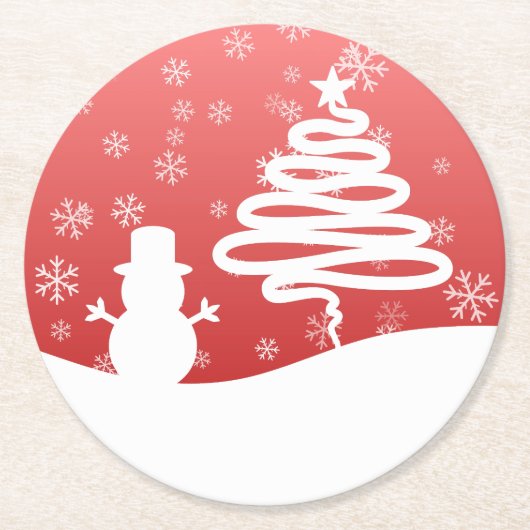 Witte Kerst Winter Wonderland Snowman Tree Ronde Kartonnen Onderzetter (Voorkant)