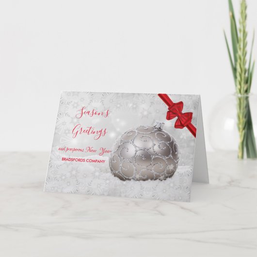 Witte kerstballen, Red Bow, Corporate Greeting Feestdagen Kaart (Voorkant)
