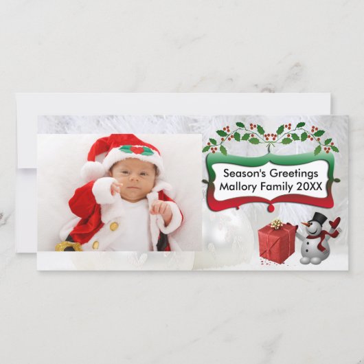 Witte Kerstballen, Sneeuwman, Bomen, Hulst Feestdagenkaart (Voorkant)