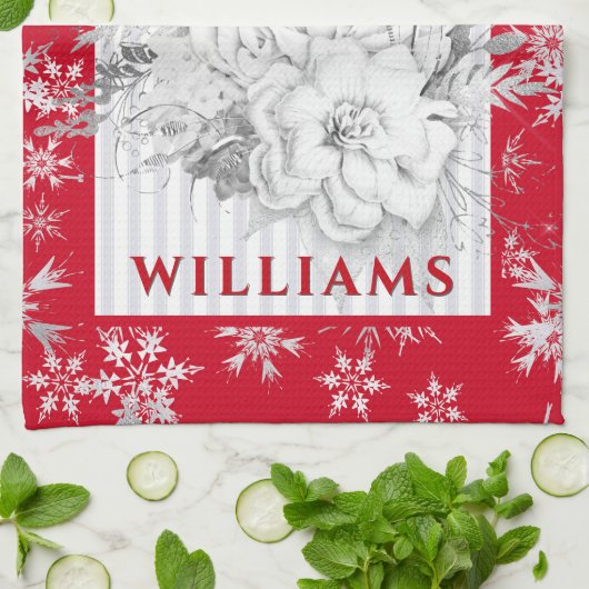 Witte Kerstbloem Vervaagde Streep Theedoek (Gevouwen)