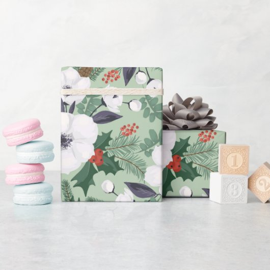 Witte kerstbloemen en rode bessen cadeaupapier (Baby Shower)