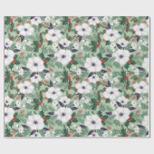 Witte kerstbloemen en rode bessen cadeaupapier (Vlak)