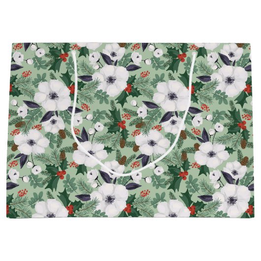 Witte kerstbloemen en rode bessen groot cadeauzakje (Voorkant)