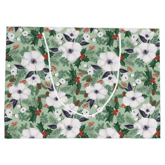 Witte kerstbloemen en rode bessen groot cadeauzakje (Achterkant)