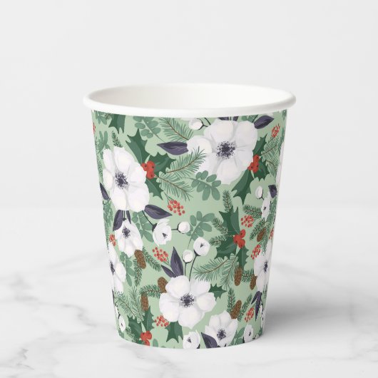 Witte kerstbloemen en rode bessen papieren bekers (Achterkant)