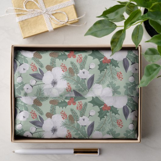 Witte kerstbloemen en rode bessen tissuepapier (Geschenk)