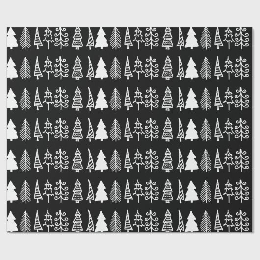Witte kerstbomen Cute Holiday Pattern Black Cadeaupapier (Vlak)