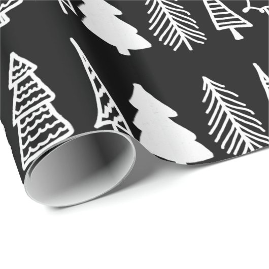 Witte kerstbomen Cute Holiday Pattern Black Cadeaupapier (Rol Hoek)