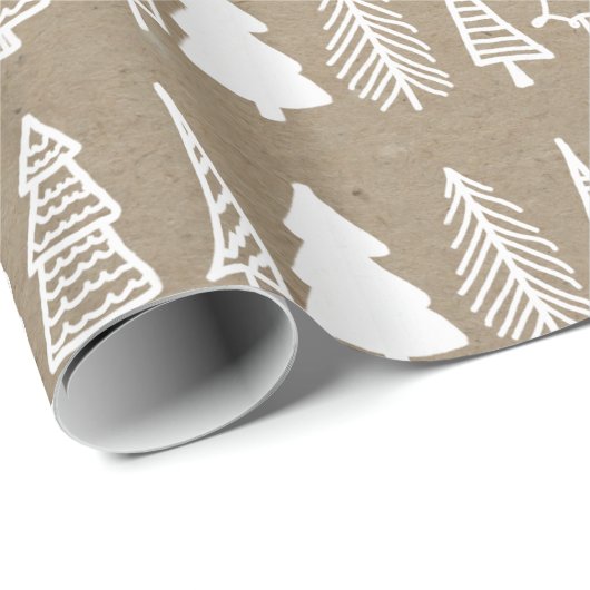 Witte kerstbomen Faux Kraft Paper Pattern Cadeaupapier (Rol Hoek)