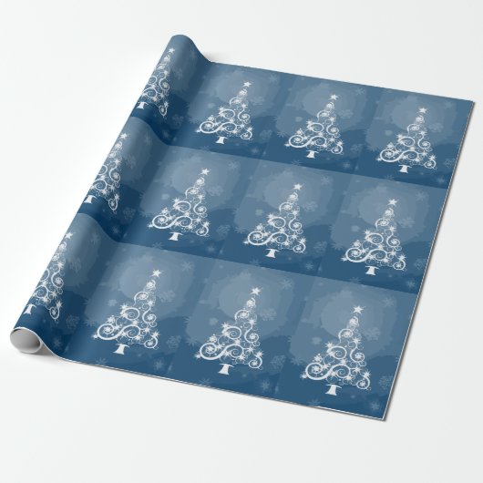Witte kerstbomen Modern Blue Cadeaupapier (Uitgerold)