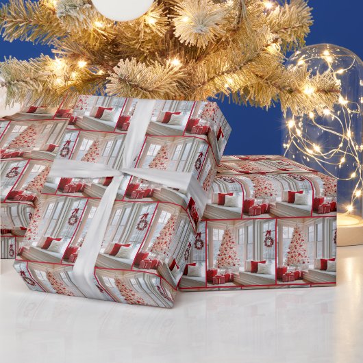Witte kerstboom bij raam in de winter cadeaupapier (Feestdagen)
