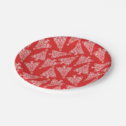 Witte kerstboom met een rode steunronde papieren bordje (Gekanteld)