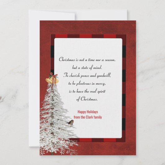 Witte kerstboom met groeten op een vlecht feestdagenkaart (Voorkant)