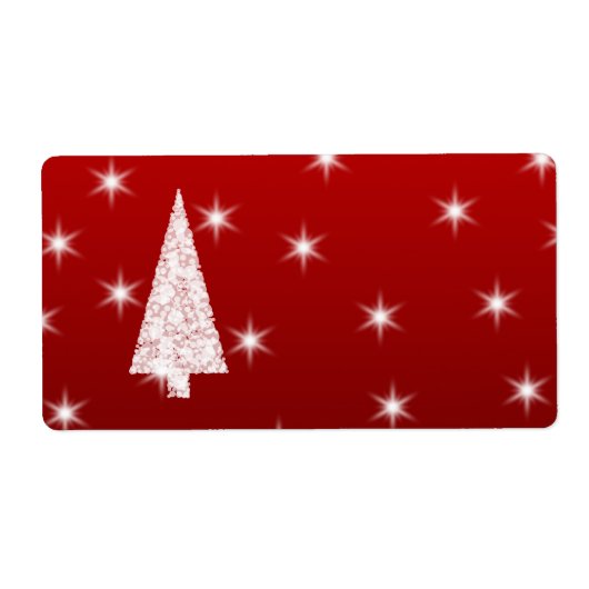 Witte kerstboom met sterren op rood. etiket (Voorkant)