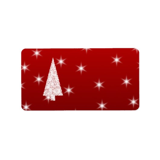 Witte kerstboom met sterren op rood. etiket (Voorkant)