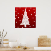 Witte kerstboom met sterren op rood. poster (Keuken)