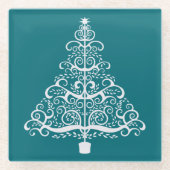 Witte kerstboom op Blauwgroen Glazen Onderzetter (Voorkant)