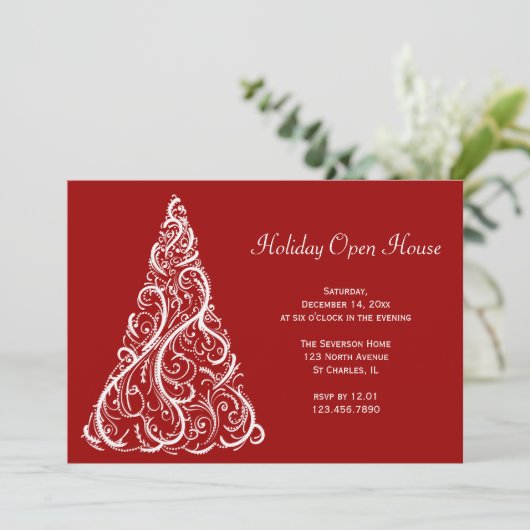 Witte kerstboom op Red Holiday Open House Kaart (Staand voorkant)