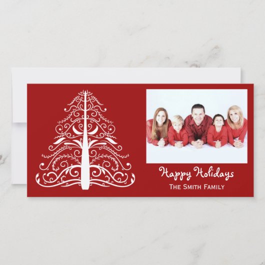 Witte kerstboom op rode Prettige feestdagen Feestdagenkaart (Voorkant)