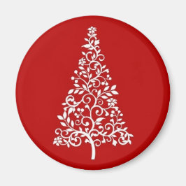 Witte kerstboom op rode ronde magneet