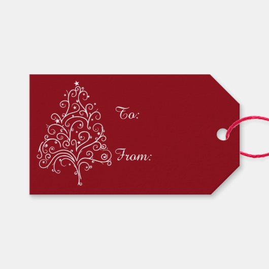 Witte kerstboom op rood cadeaulabel (Voorkant (Horizontaal))