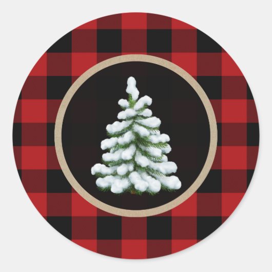 Witte Kerstboom vakantie Rode Buffel Plaid Ronde Sticker (Voorkant)