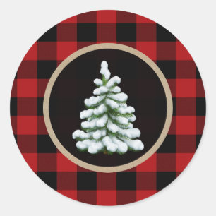 Witte Kerstboom vakantie Rode Buffel Plaid Ronde Sticker