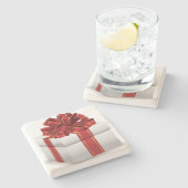 Witte kerstcadeau met rood lint stenen onderzetter (Zijkant)