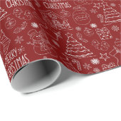 Witte kerstcontouren op Barn Red Cadeaupapier (Rol Hoek)