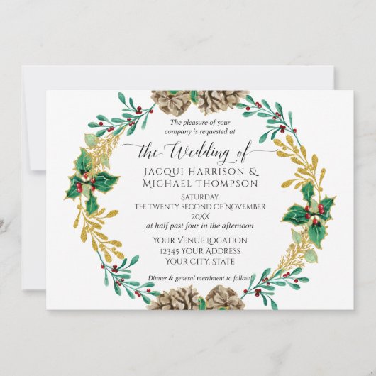 Witte Kerstdennenappel Groene Huwelijksdecoratie Kaart (Voorkant)