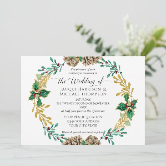 Witte Kerstdennenappel Groene Huwelijksdecoratie Kaart (Staand voorkant)