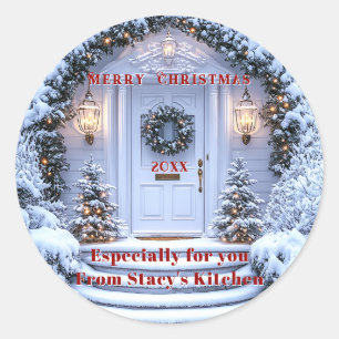 Witte Kerstdeurkrans Kerstbomen Lichtjes Ronde Sticker