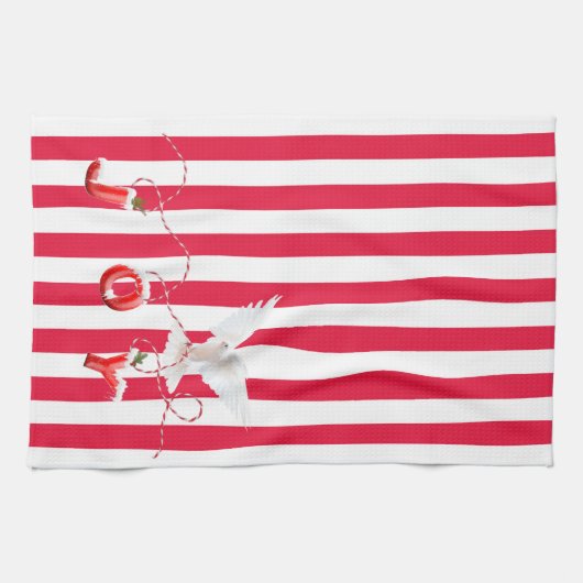 Witte kerstdove op strepen theedoek (Horizontaal)