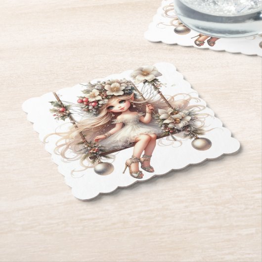 Witte kerstfee kartonnen onderzetters (Gebogen)