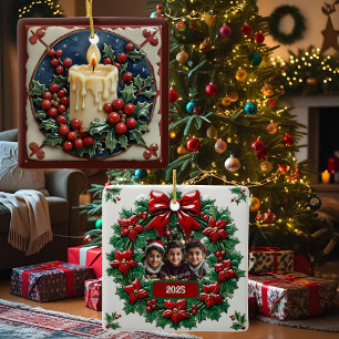 Witte Kerstkaars Aanpasbaar Vierkant Keramisch Ornament